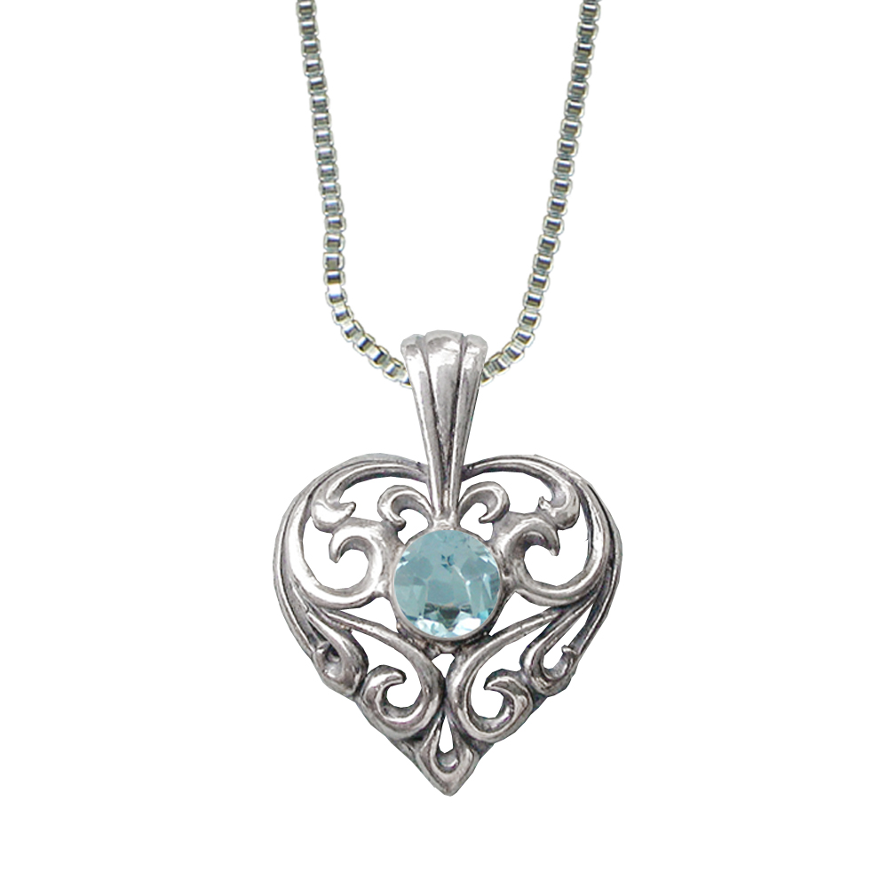 Sterling Silver Filigree Heart Pendant With Blue Topaz